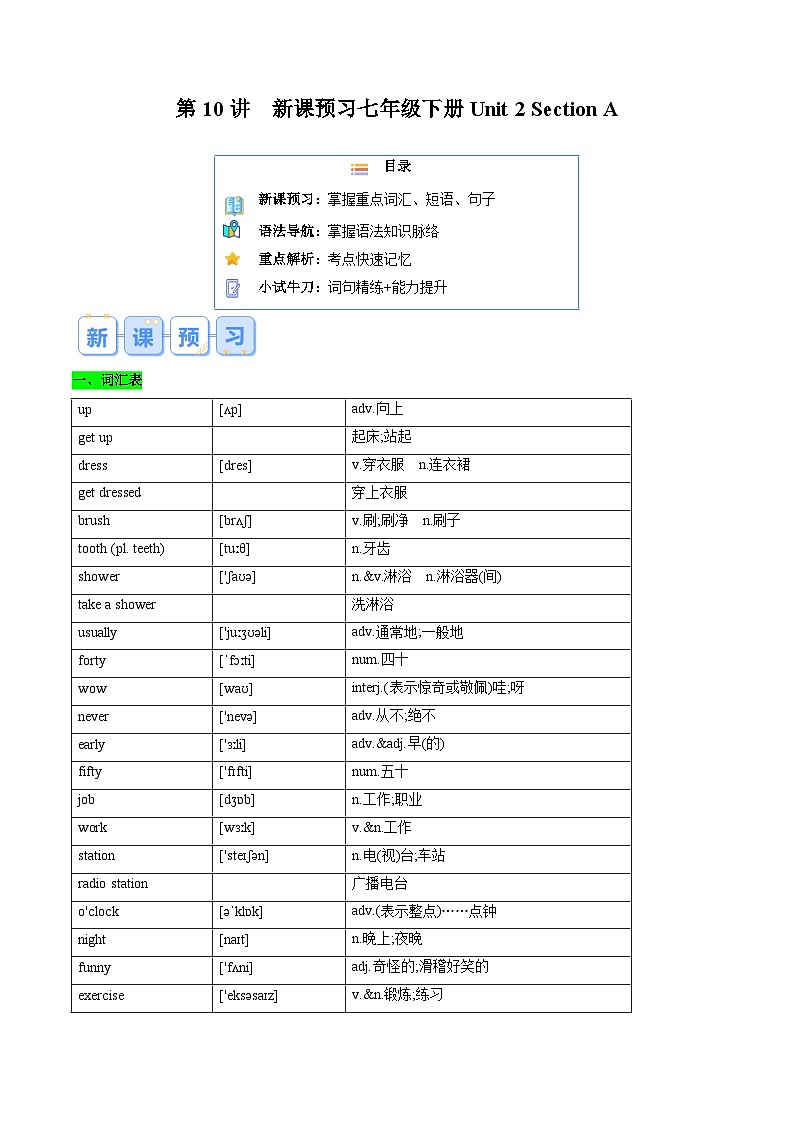第10讲 新课预习 Unit 2 Section A-【寒假自学课】2025年七年级英语寒假提升学与练（人教版）（解析版）第1页