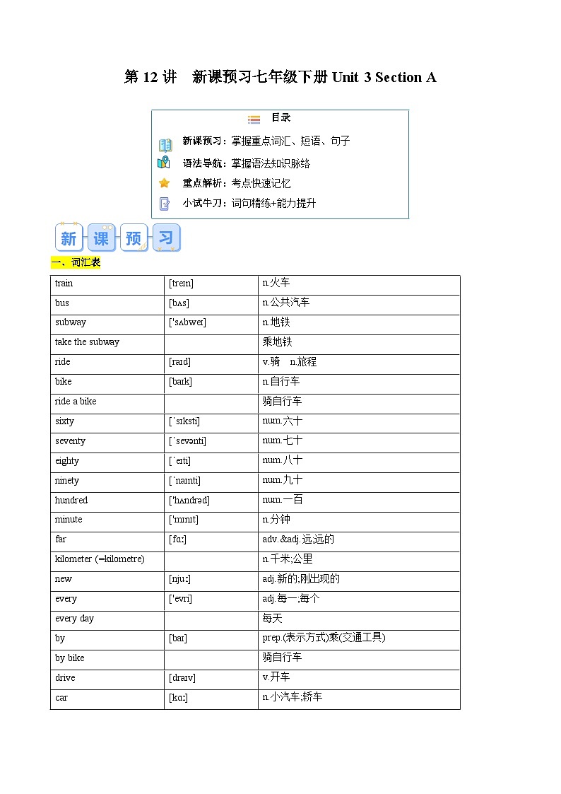 第12讲 新课预习 Unit 3 Section A-【寒假自学课】2025年七年级英语寒假提升学与练（人教版）（解析版）第1页