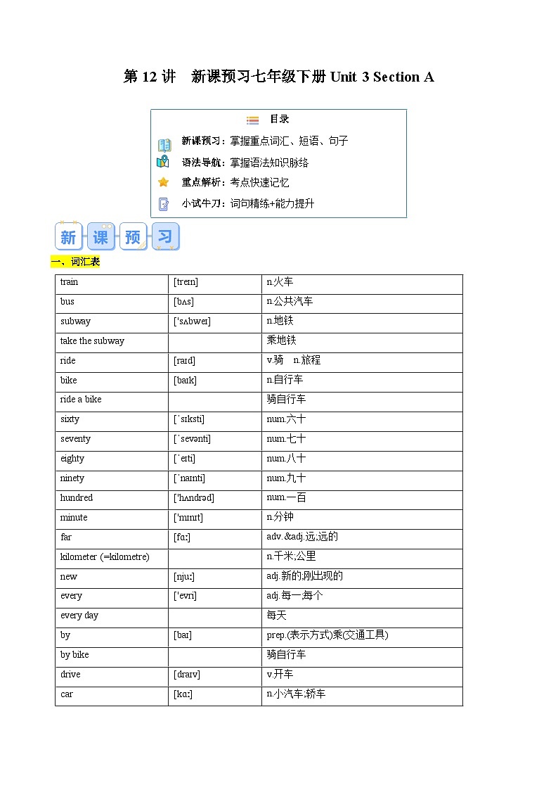 第12讲 新课预习 Unit 3 Section A-【寒假自学课】2025年七年级英语寒假提升学与练（人教版）（原卷版）第1页