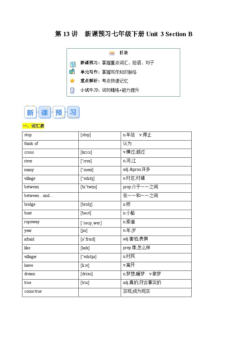 第13讲 新课预习 Unit 3 Section B-【寒假自学课】2025年七年级英语寒假提升学与练（人教版）（原卷版）第1页