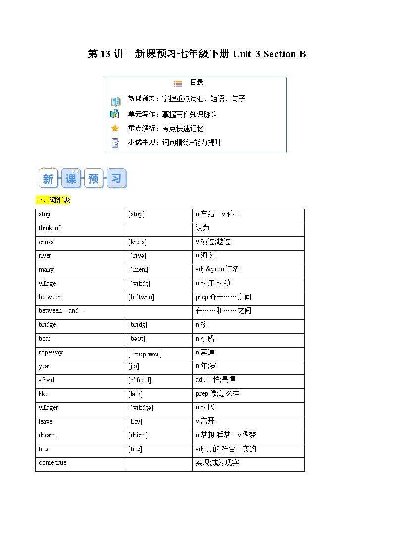 第13讲 新课预习 Unit 3 Section B-【寒假自学课】2025年七年级英语寒假提升学与练（人教版）（解析版）第1页