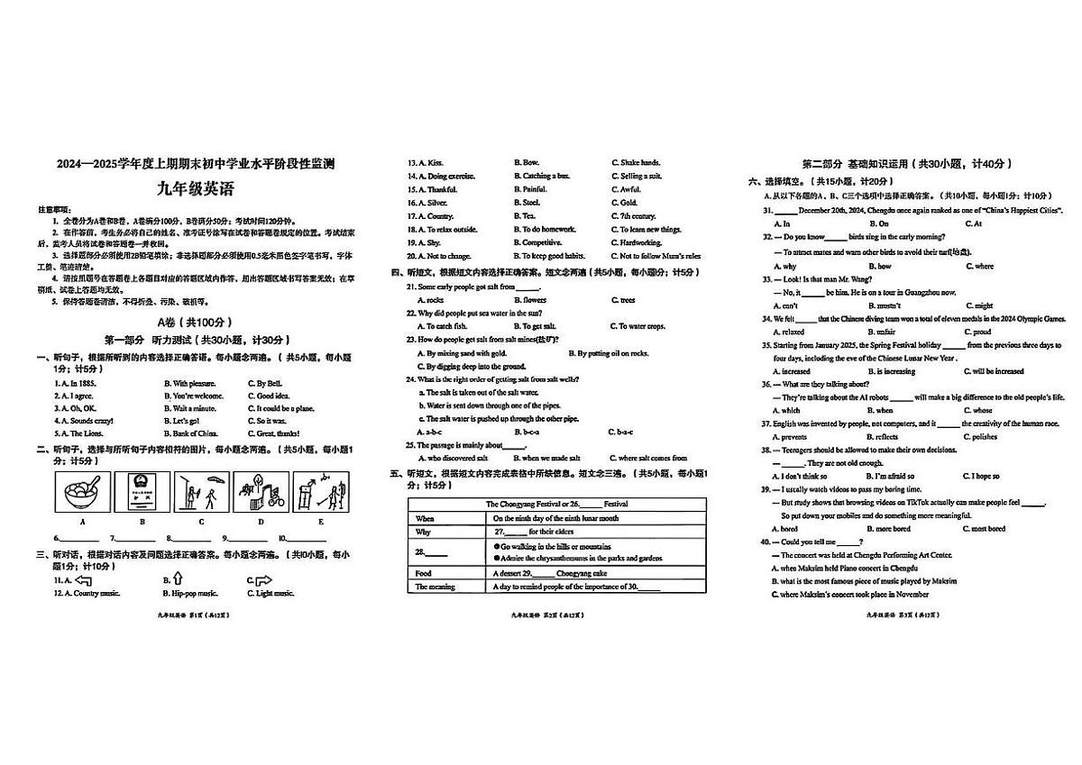 2025年四川省成都市成华区九年级中考英语一诊考试试卷第1页