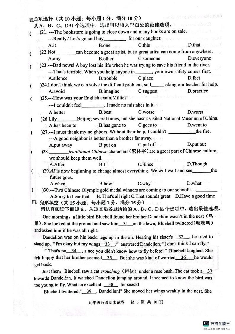 江苏省淮安市涟水县2024-2025学年九年级上学期英语期末试卷第3页