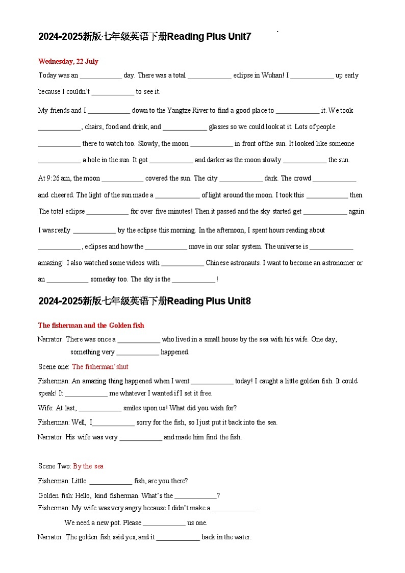 2024-2025学年 人教版七年级下册英语Unit 7~8 reading plus填空练习-- +6答案第1页