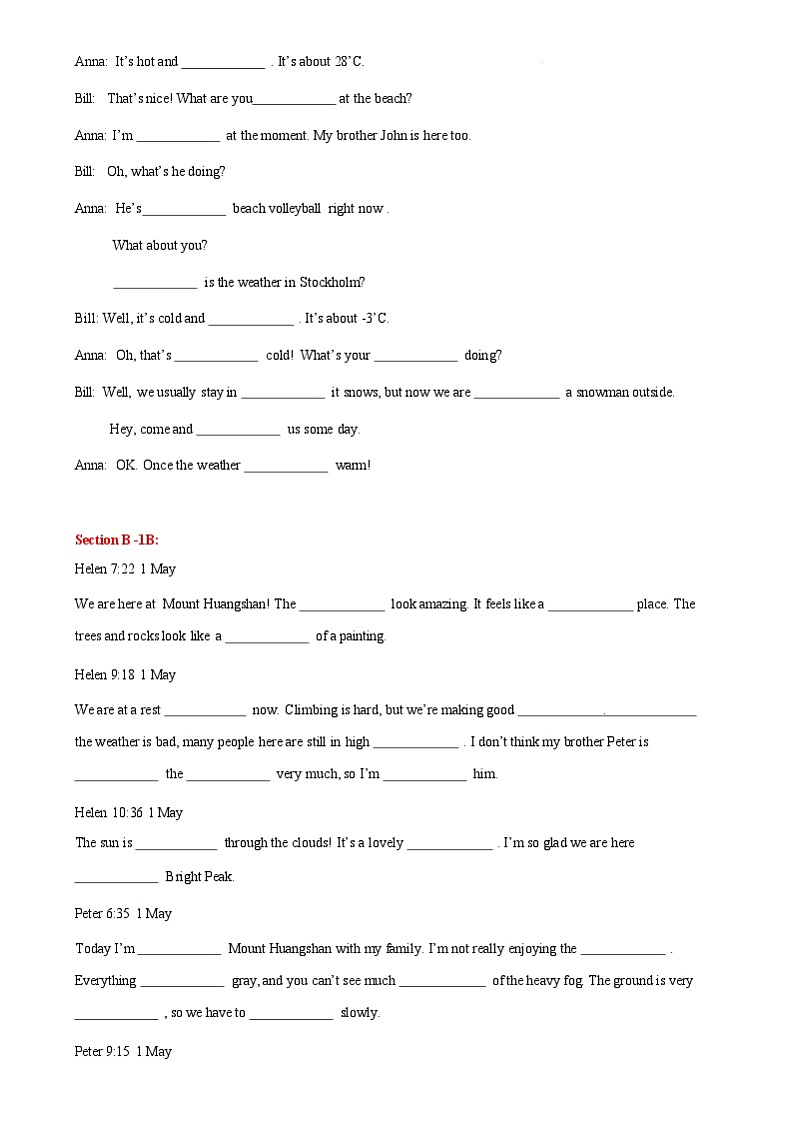 2024-2025学年 人教版七年级下册英语Units 5~6课文挖空练习+答案第2页