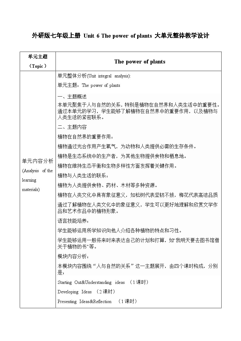 【新课标新教材2024】 Unit 6 The power of plants大单元整体教学设计第一课时Startig out&Understanding Ideas外研版七年级上册英语第1页