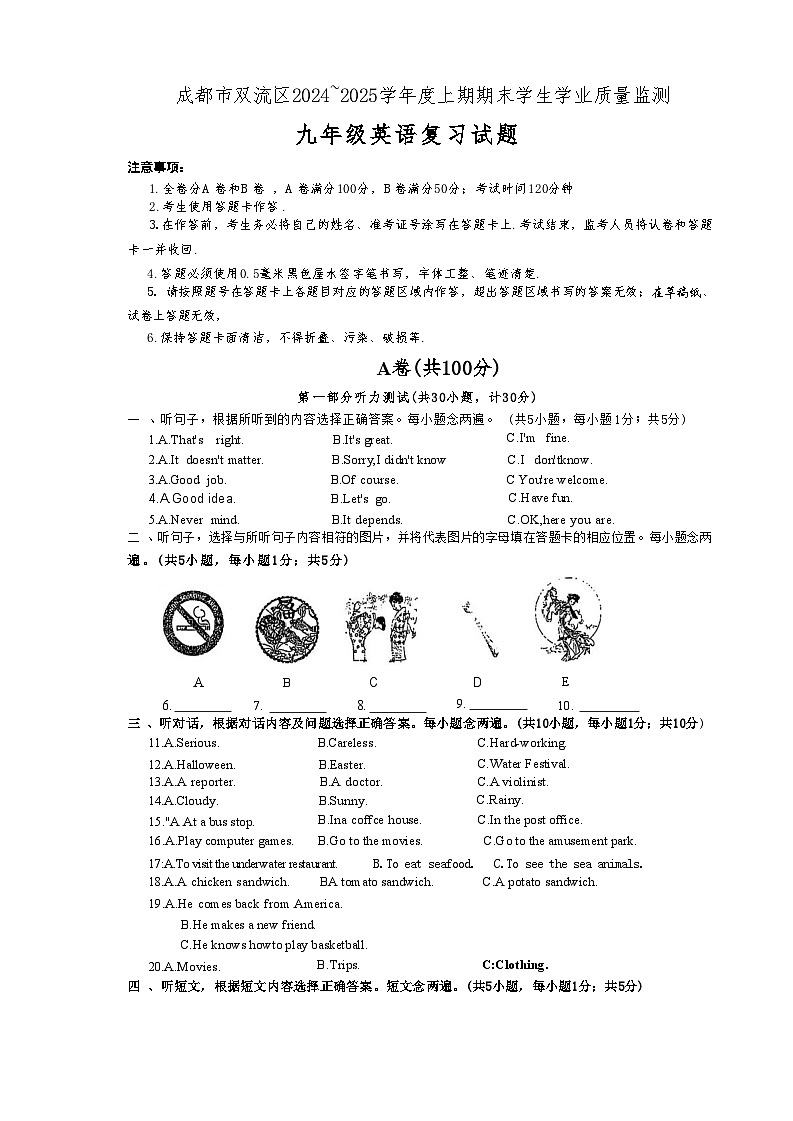 2024-2025成都市双流区九上一诊英语复习试卷第1页