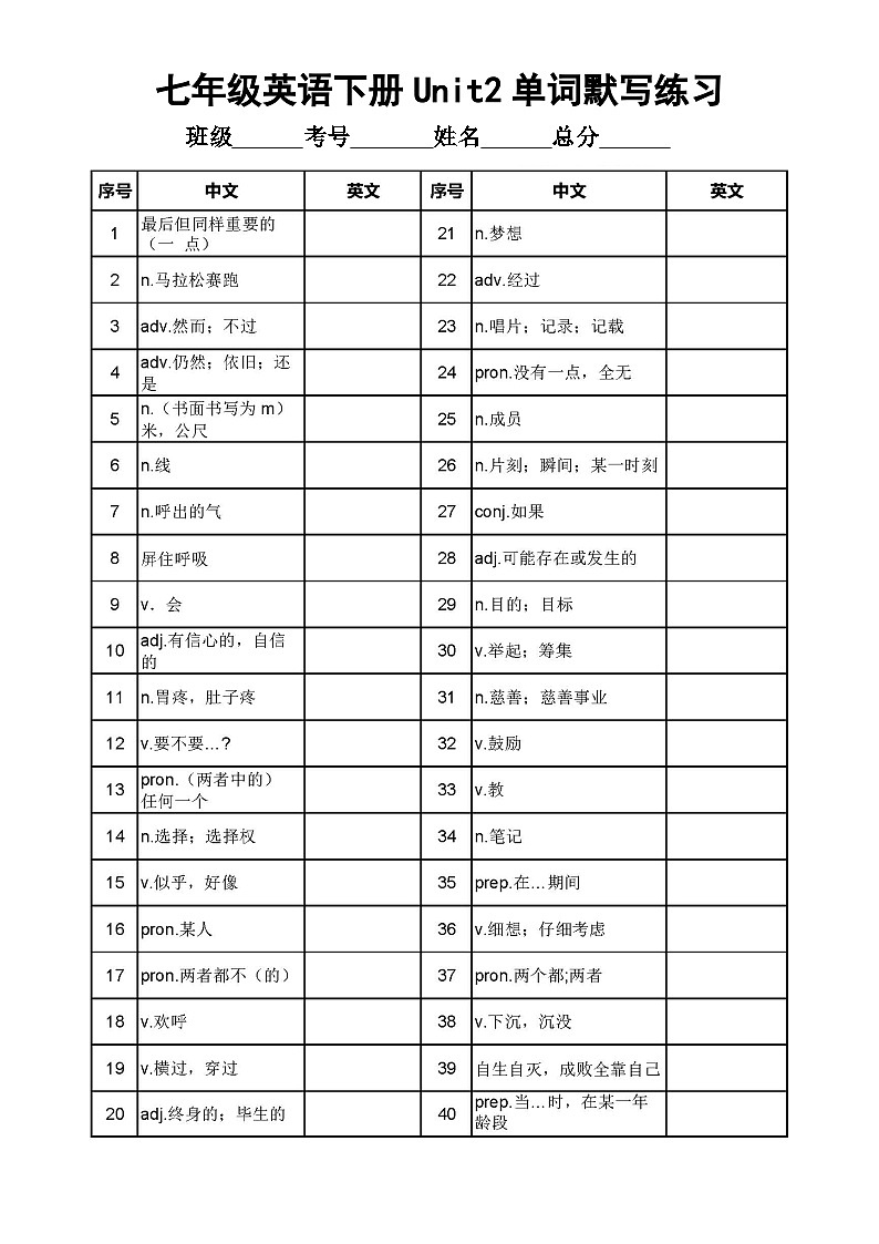 初中英语新外研版七年级下册Unit 2单词默写练习（附参考答案）（2025春）第1页