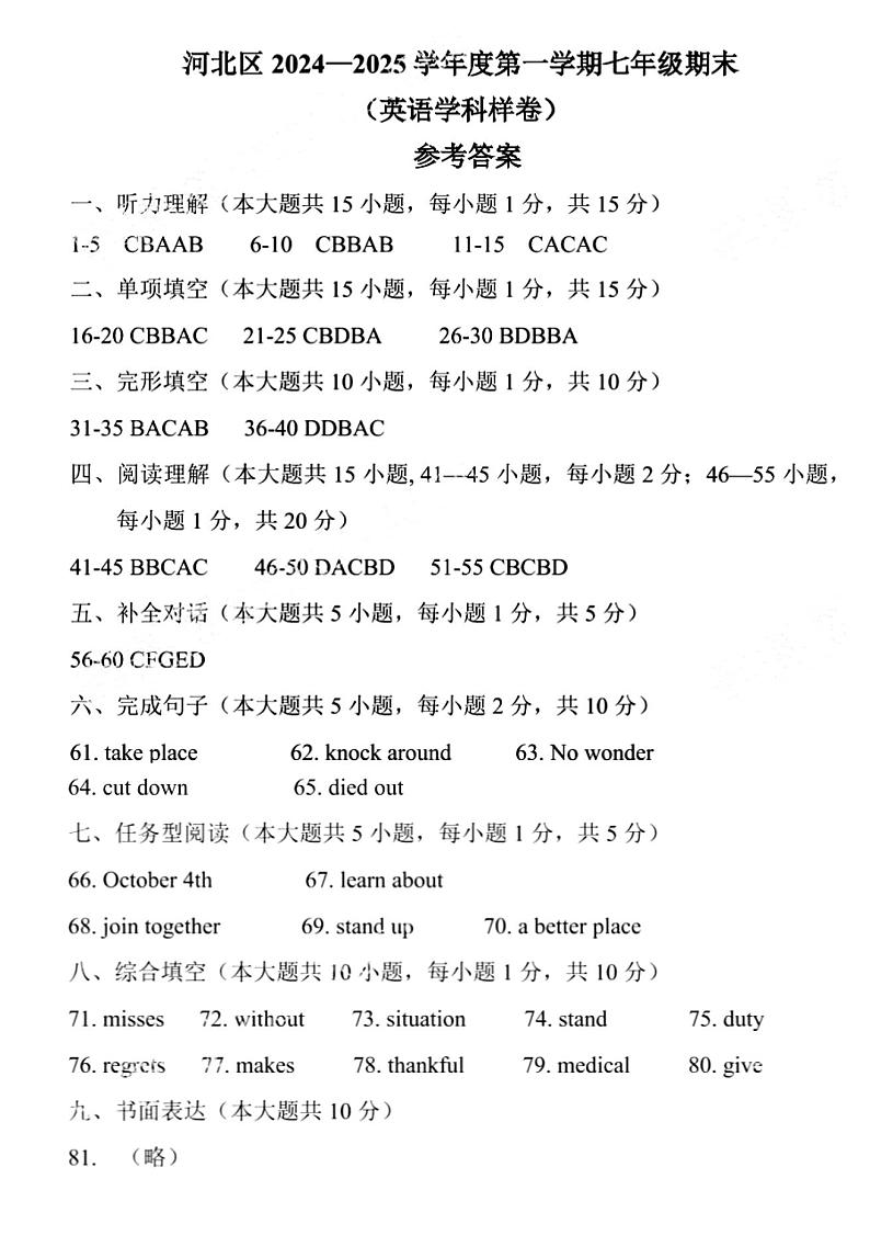 天津市河北区2024-2025学年七年级上学期期末考试 英语试题（解析版）第1页