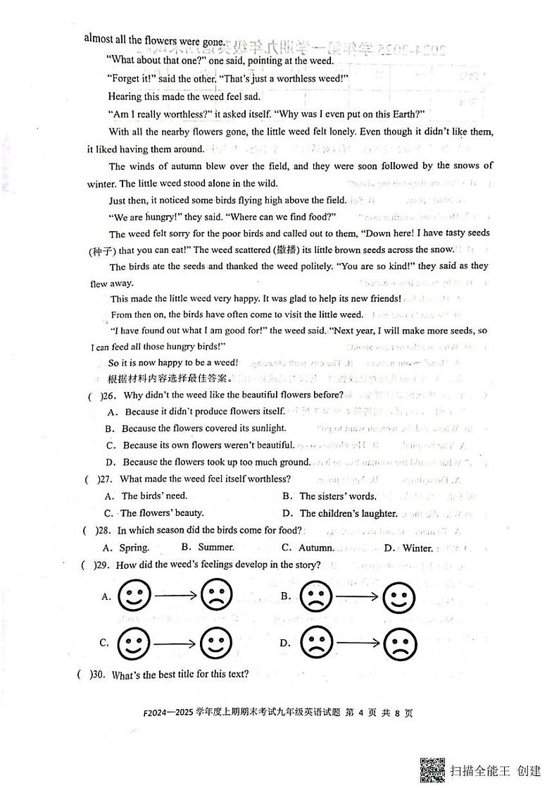 河南省周口地区扶沟县2024-2025学年九年级上学期期末调研英语试卷第3页