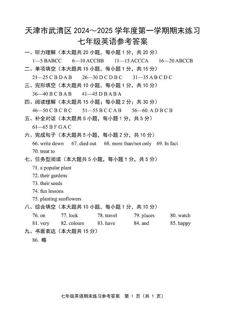 天津武清区2024-2025学年七年级上学期期末考试 英语试题（参考答案）第1页