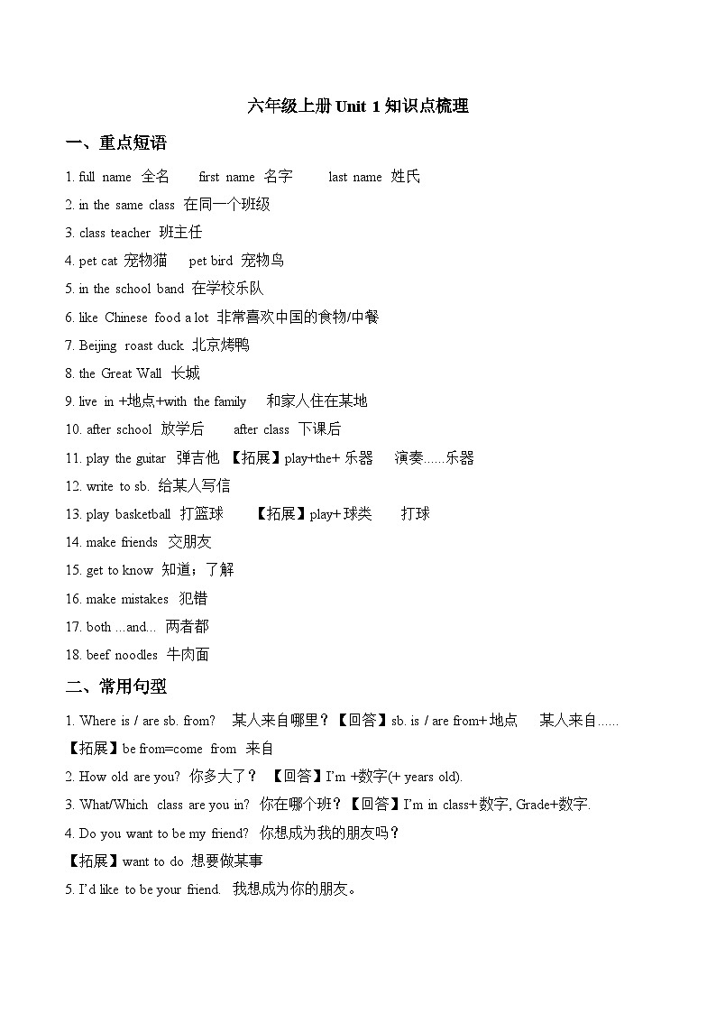 鲁教版（2024）英语六年级上册 Unit 1 知识点梳理第1页