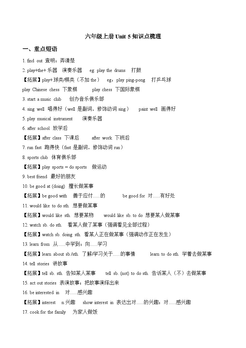 鲁教版（2024）英语六年级上册 Unit 5 知识点梳理第1页