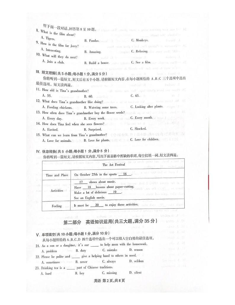 安徽省合肥市高新区2024-2025学年上学期七年级 英语期末试题第2页