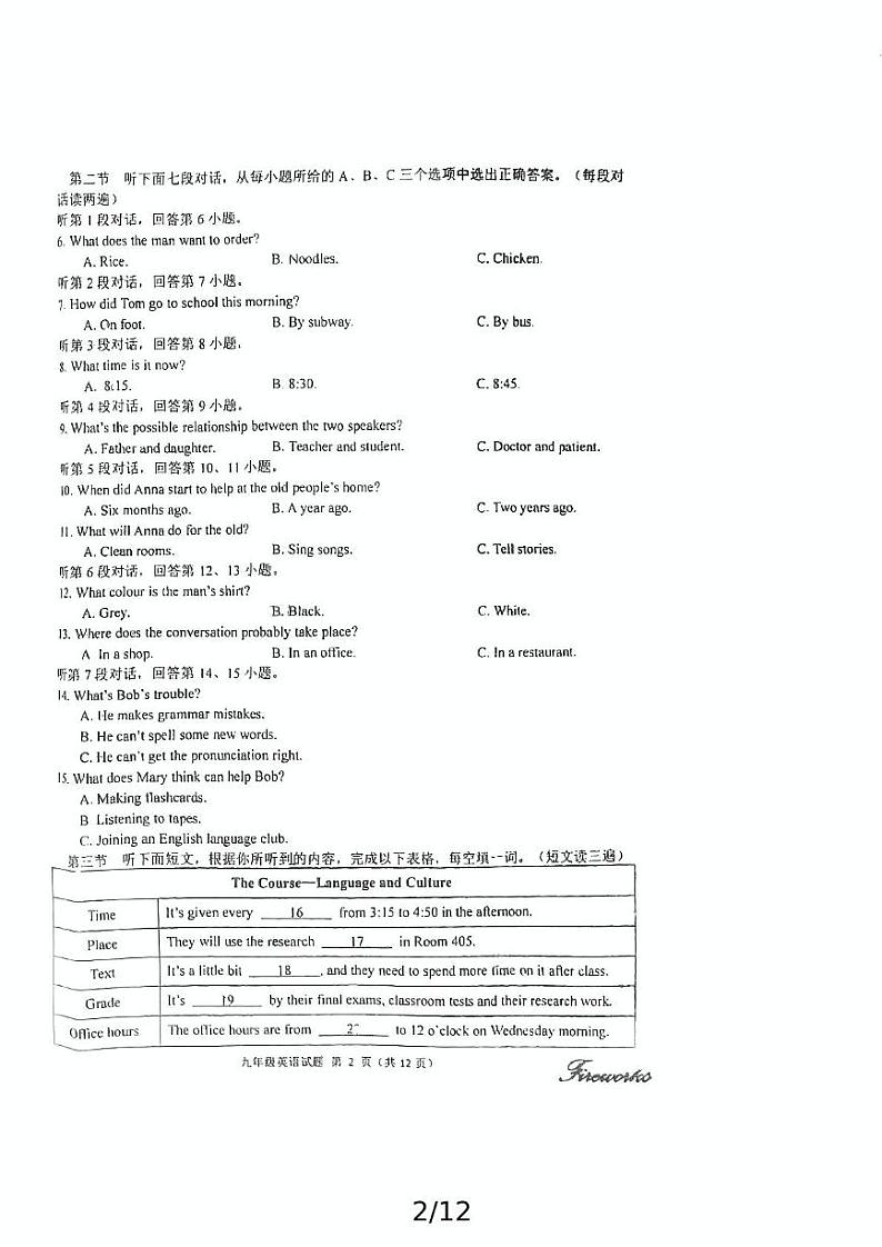 福建省泉州市惠安县2023-2024学年上学期九年级期末教学质量抽测英语试卷第2页