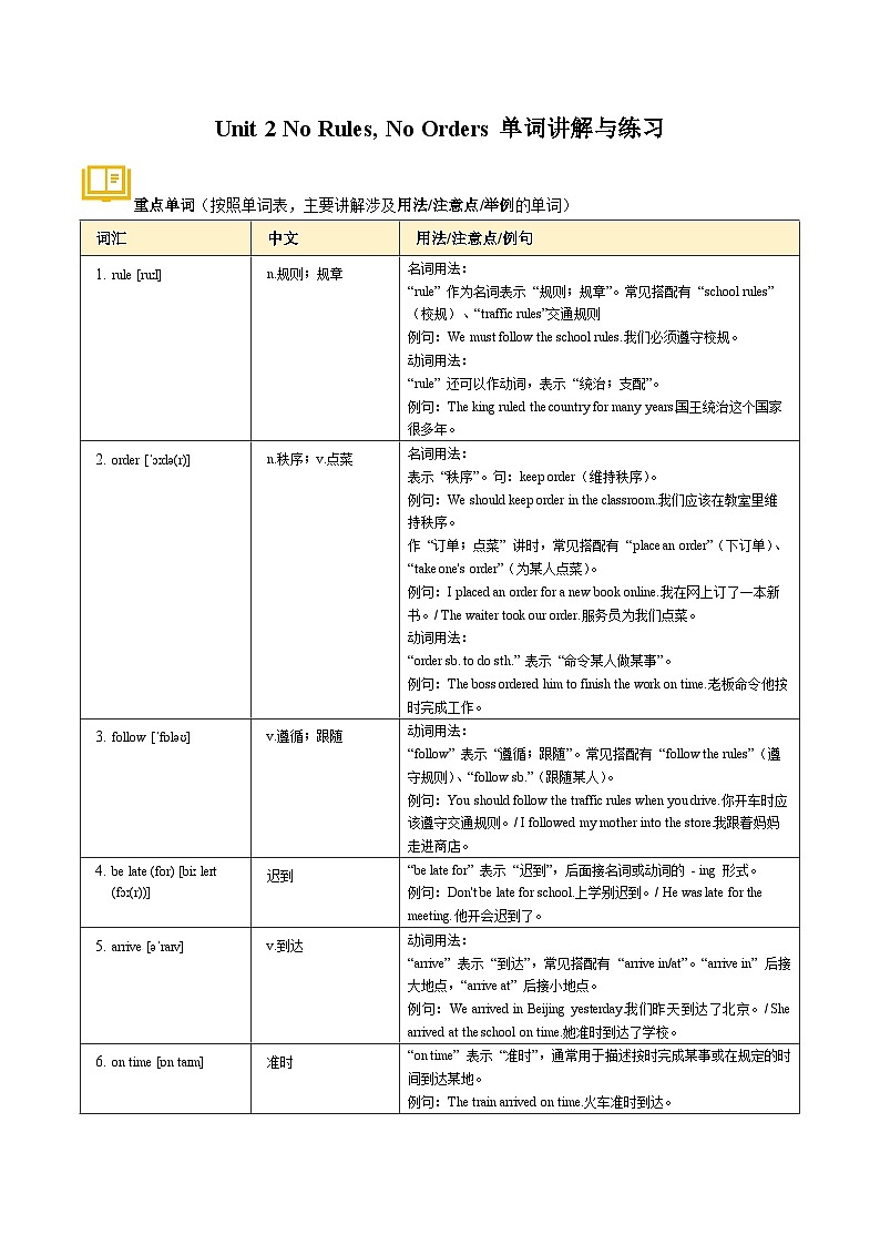 Unit 2 No Rules, No Orders单词讲解与练习-2024-2025学年七年级英语下册单元单词讲解与训练（人教版2024）（解析版）第1页
