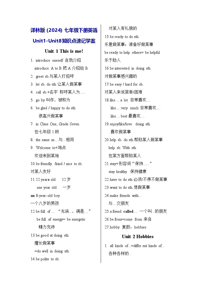 译林版（2024）七年级下册英语Unit1-Unit8知识点速记学案第1页