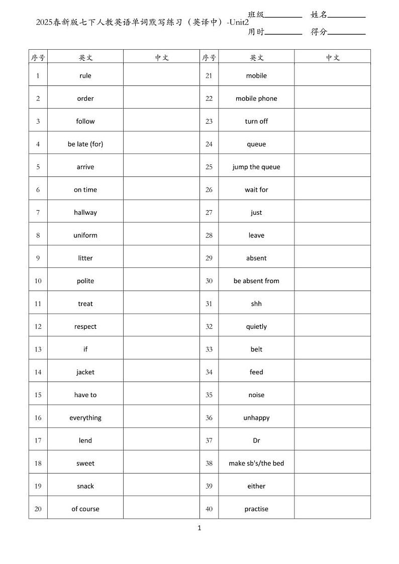 2025春新版七下人教英语单词默写练习（英译中）-Unit2第1页