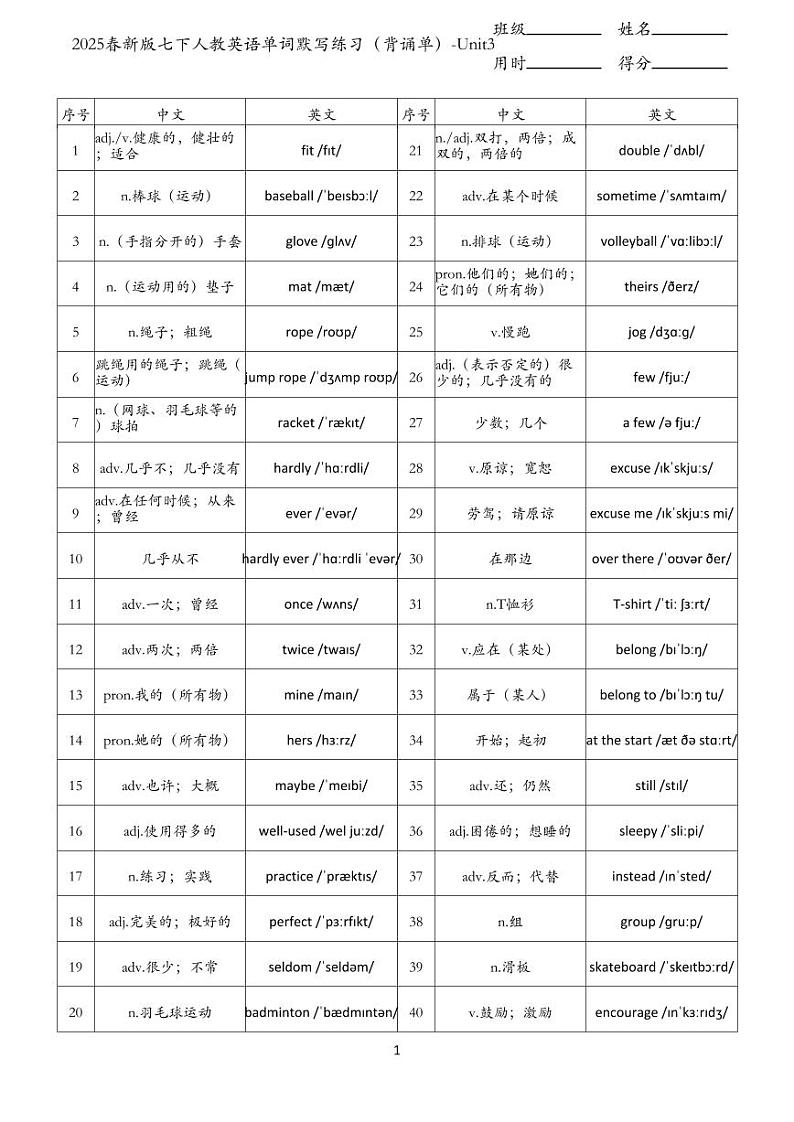 2025春新版七下人教英语单词默写练习（背诵单）-Unit3第1页