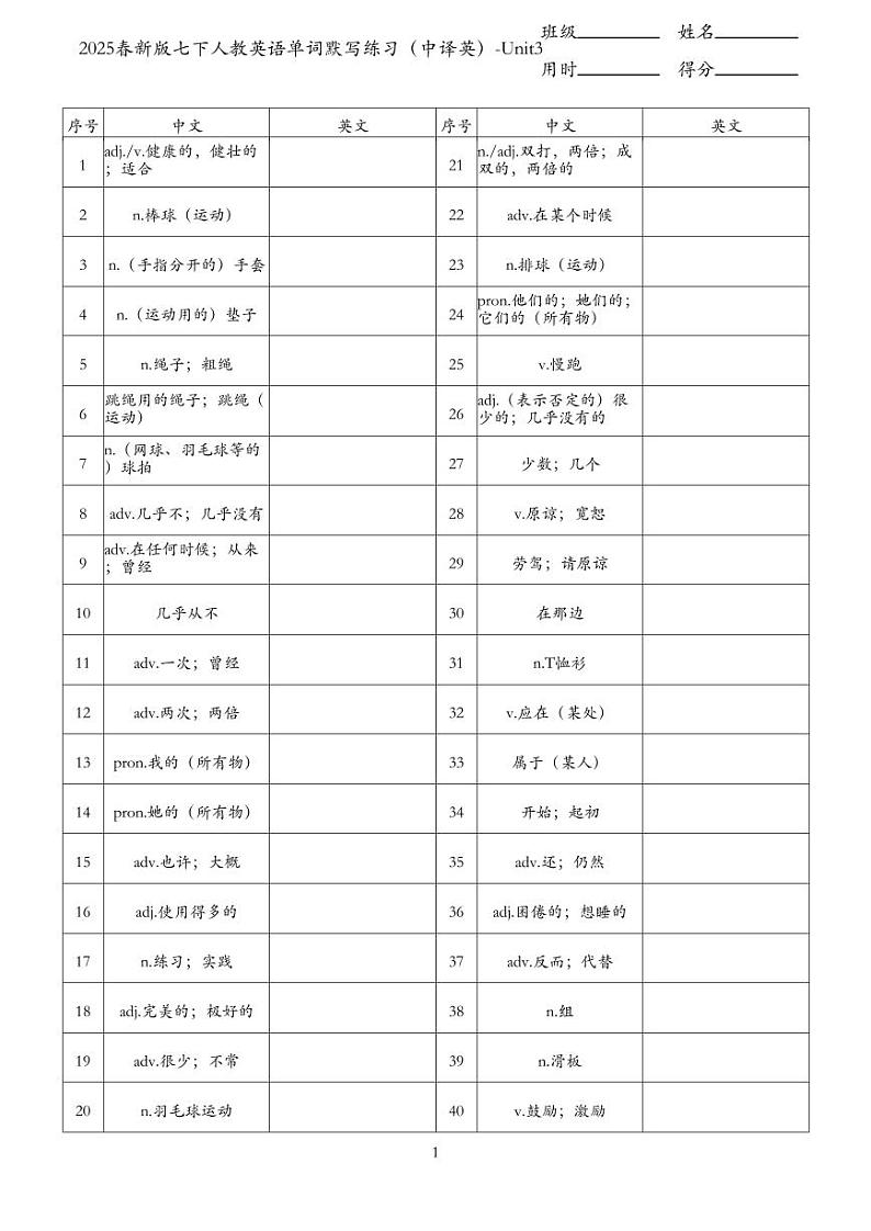 2025春新版七下人教英语单词默写练习（中译英）-Unit3第1页