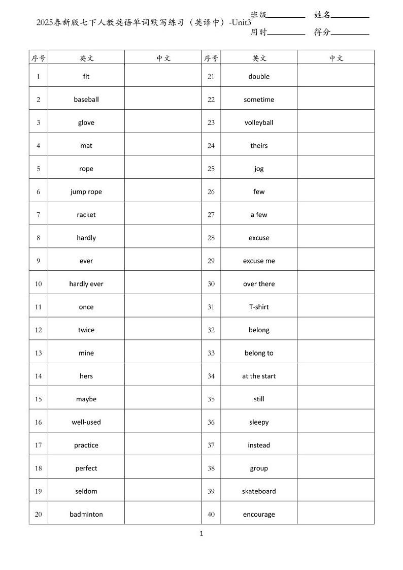 2025春新版七下人教英语单词默写练习（英译中）-Unit3第1页