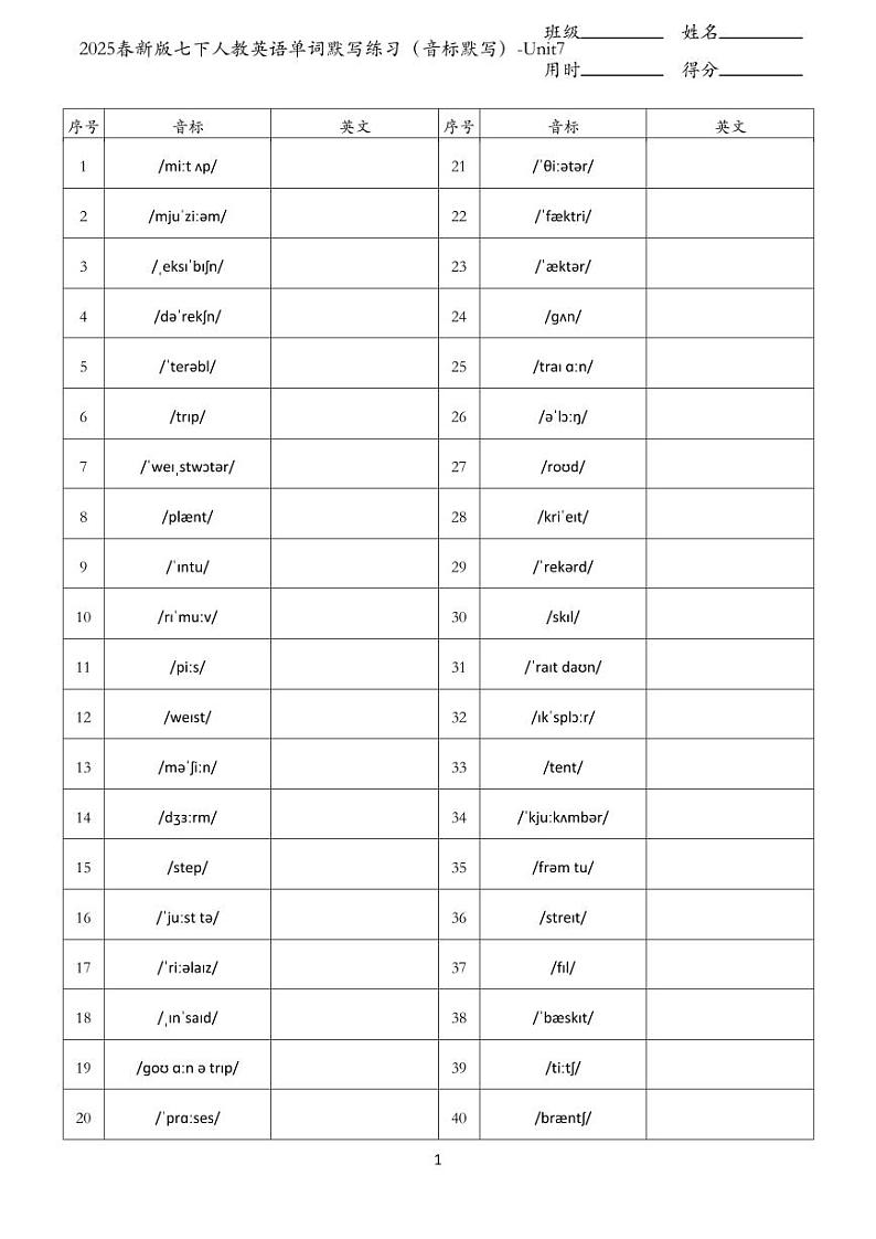 2025春新版七下人教英语单词默写练习（音标默写）-Unit7第1页