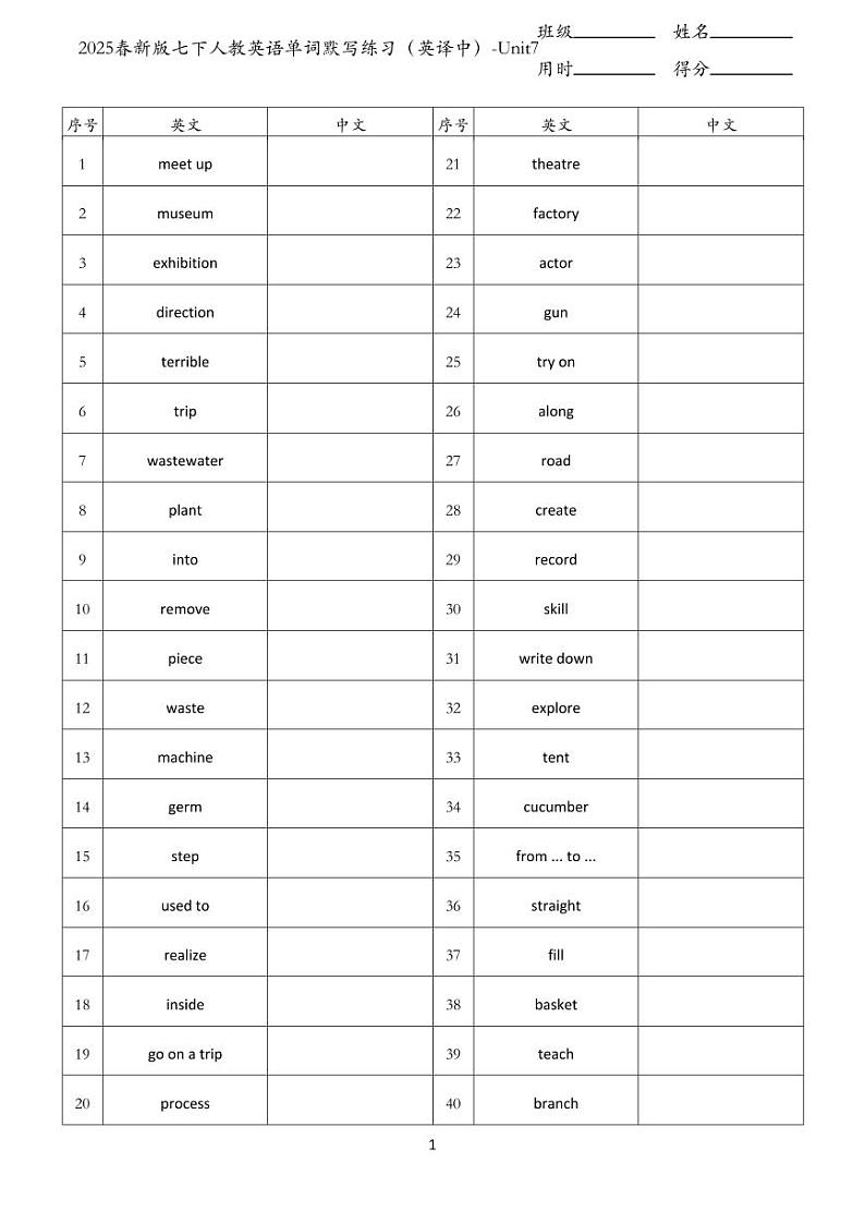 2025春新版七下人教英语单词默写练习（英译中）-Unit7第1页