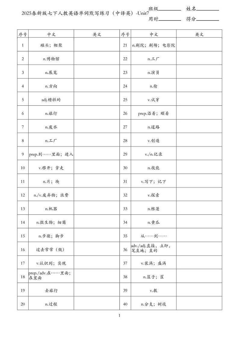 2025春新版七下人教英语单词默写练习（中译英）-Unit7第1页