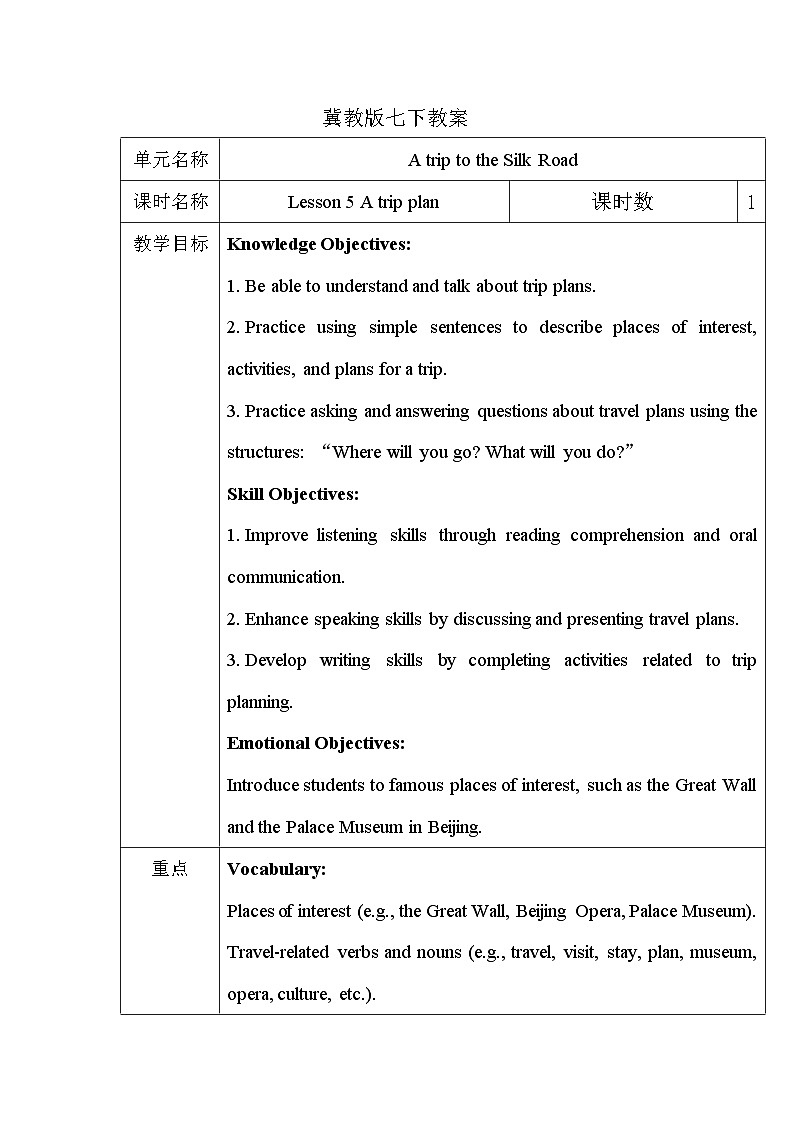 Unit 1 Lesson Lesson 5 A trip plan教案第1页