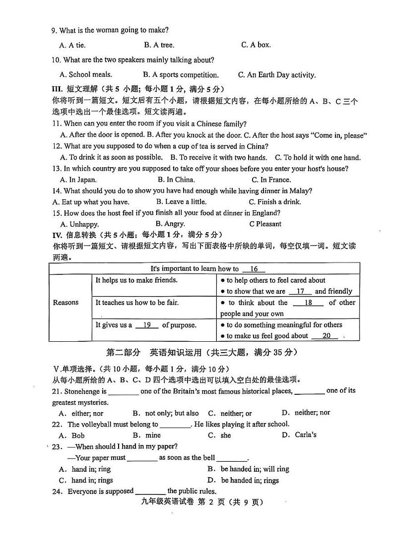 安徽省六安市舒城县2024-2025学年九年级上学期1月期末英语试题第2页