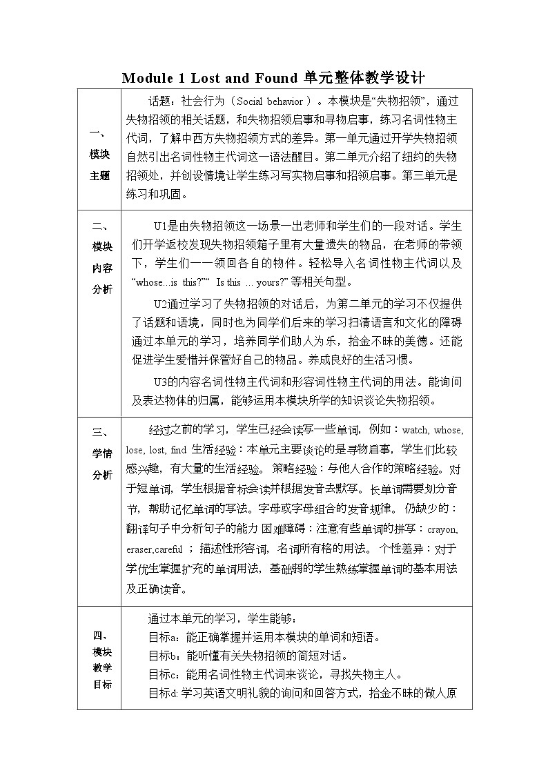 外研版(新标准)英语七下 Module 1 Unit 1《Whose bag is this》单元教案第1页