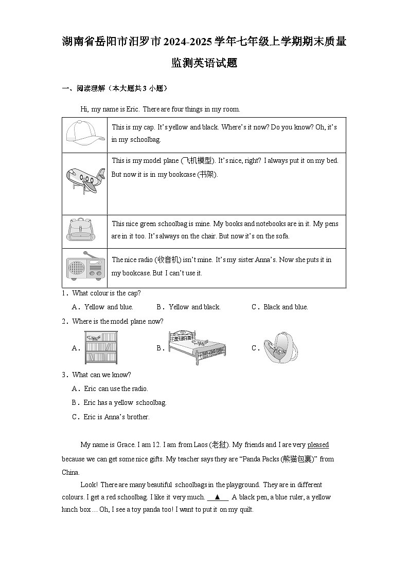 湖南省岳阳市汨罗市2024-2025学年七年级上学期期末质量监测 英语试题（含解析）第1页