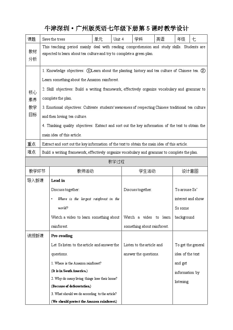 沪教牛津版（六三制）英语七下 Unit 4 《Save the trees 》  第5课时More practice,  教案第1页