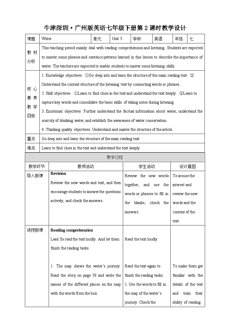 沪教牛津版（六三制）英语七下   Unit 5《 Water》  第2课时Reading II & Listening教案第1页