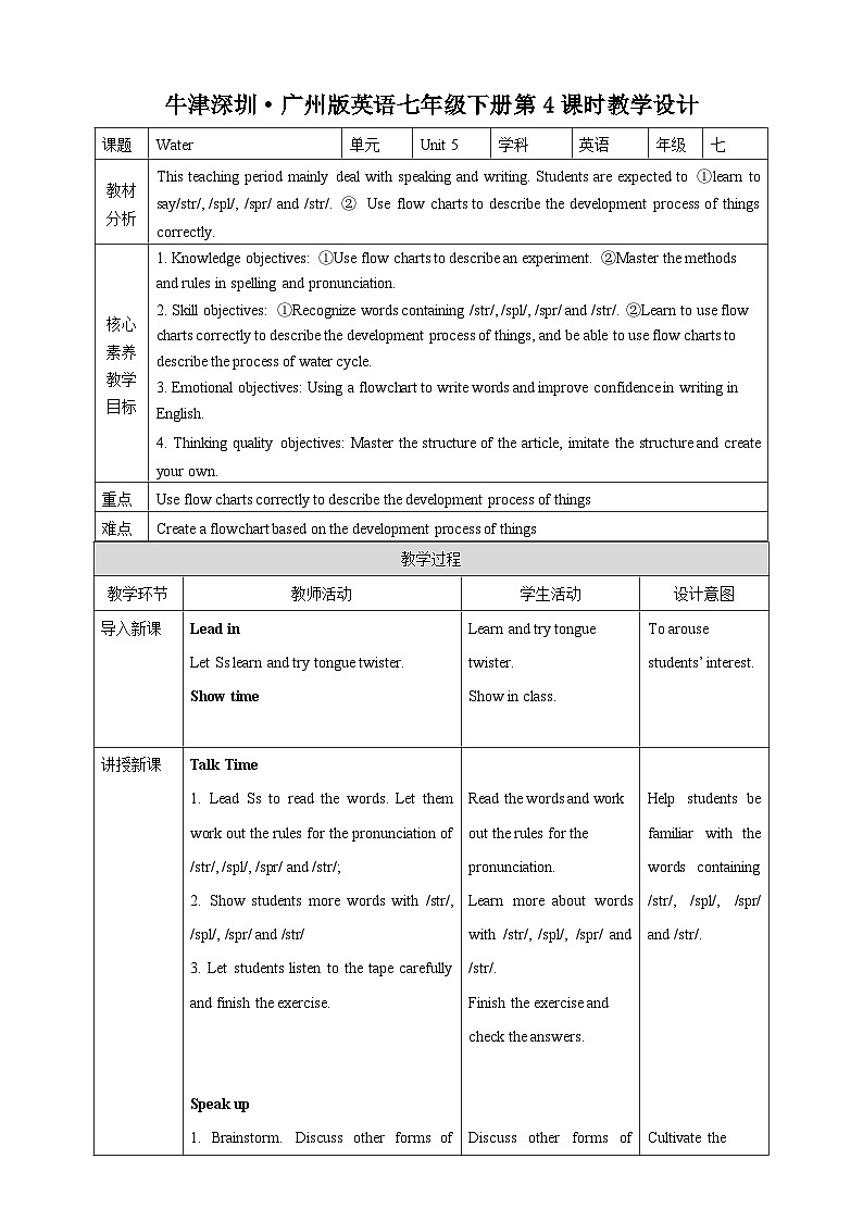 沪教牛津版（六三制）英语七下   Unit 5《 Water》 第4课时Speaking & Writing教案第1页