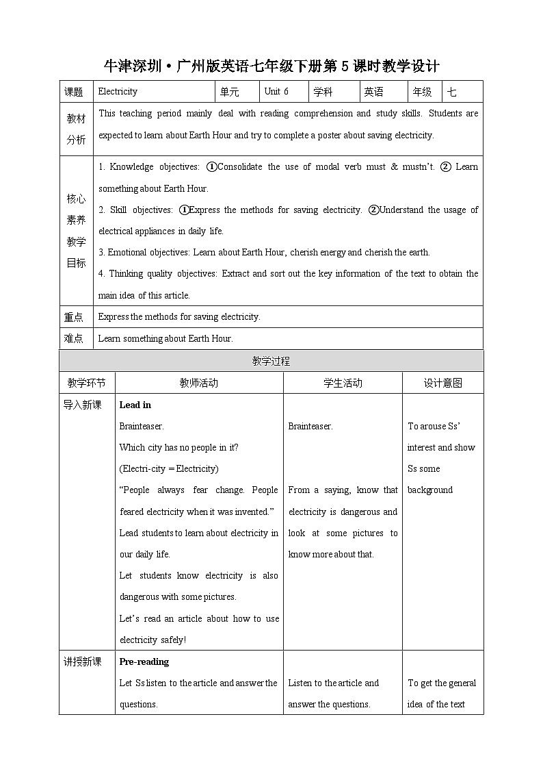 沪教牛津版（六三制）英语七下  Unit 6 《Electricity》  第5课时More practice  教案第1页