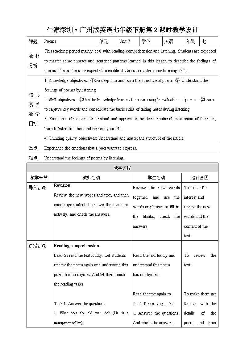 沪教牛津版（六三制）英语七下  Unit 7 《Poems 》 第2课时Reading II & Listening 教案第1页
