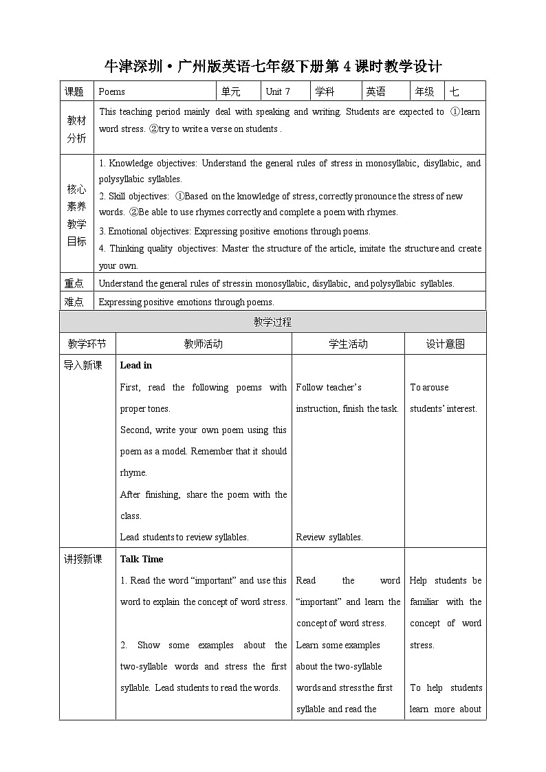 沪教牛津版（六三制）英语七下  Unit 7 《Poems 》 第4课时Speaking & Writing教案第1页