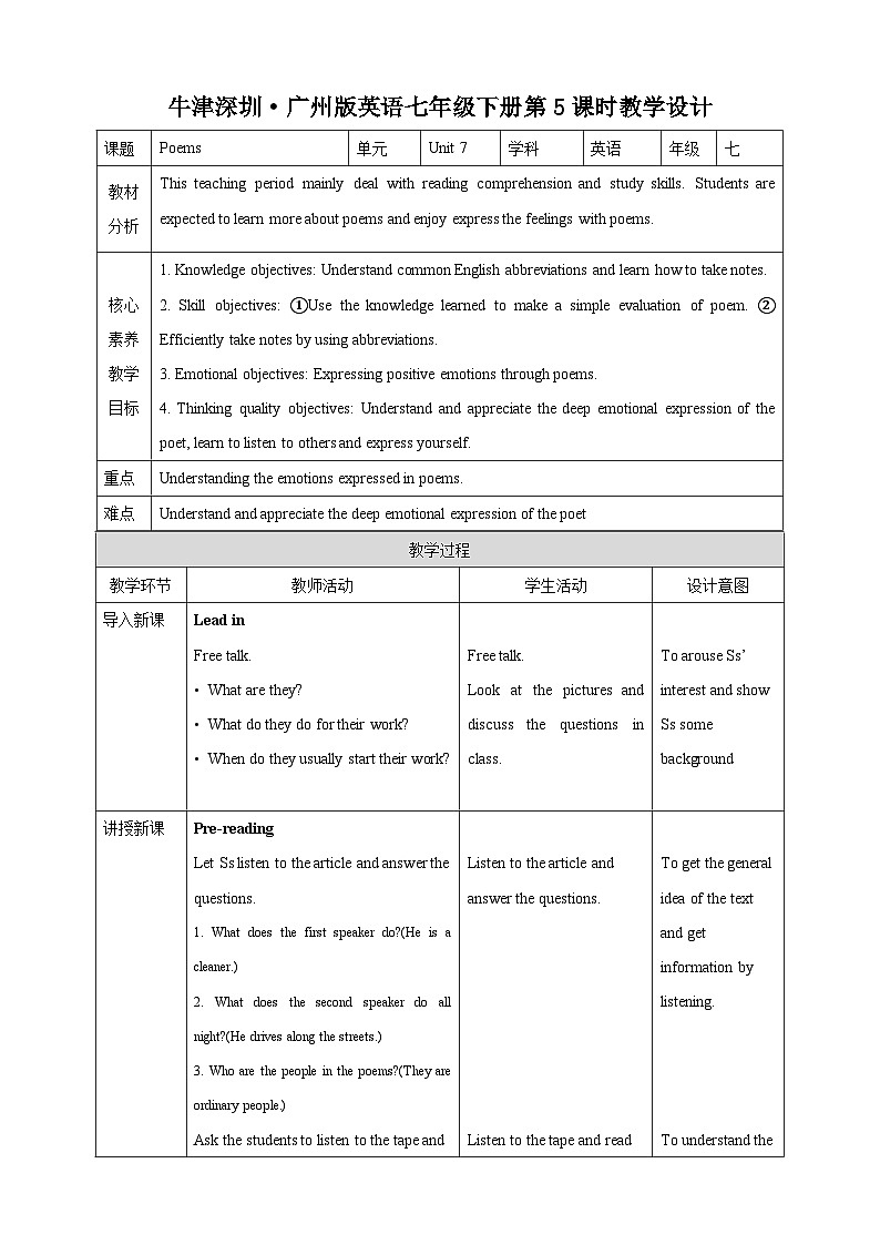 沪教牛津版（六三制）英语七下  Unit 7 《Poems 》第5课时More practice  教案第1页