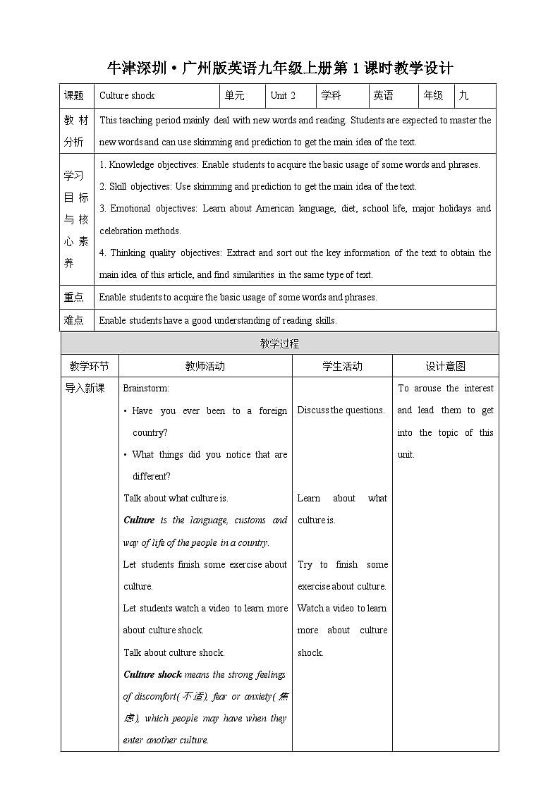 沪教牛津版(六三制)英语九下Unit 2 Culture shock 第1课时Reading I教案第1页