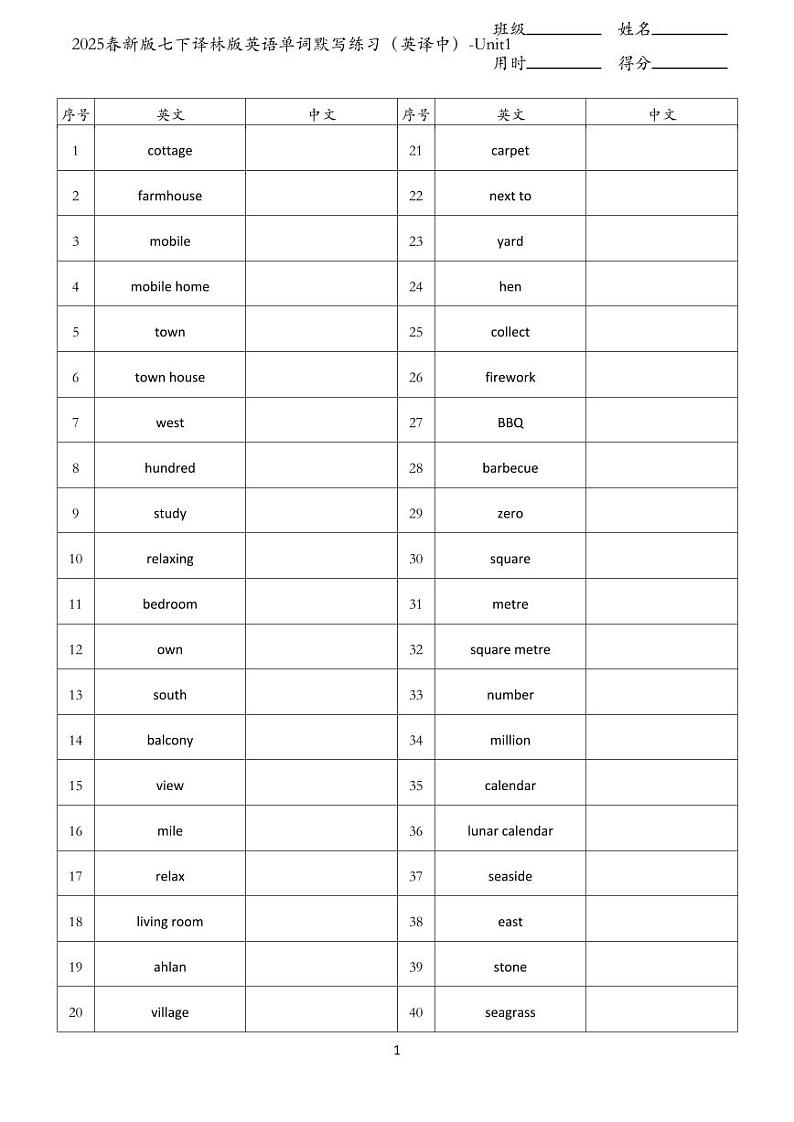 2025春新版七下译林版英语单词默写练习（英译中）-Unit1第1页