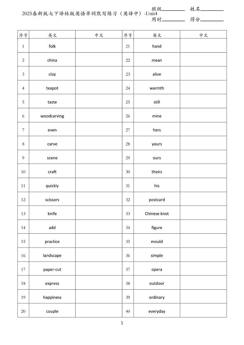 2025春新版七下译林版英语单词默写练习（英译中）-Unit4第1页