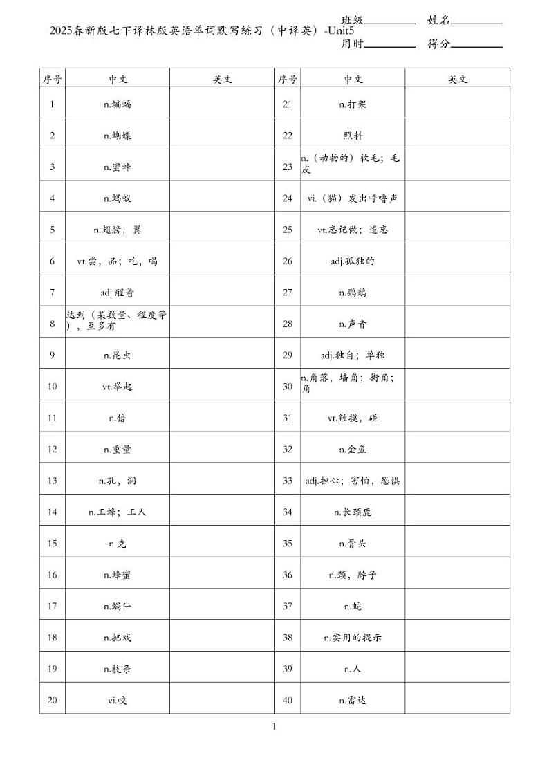 2025春新版七下译林版英语单词默写练习（中译英）-Unit5第1页