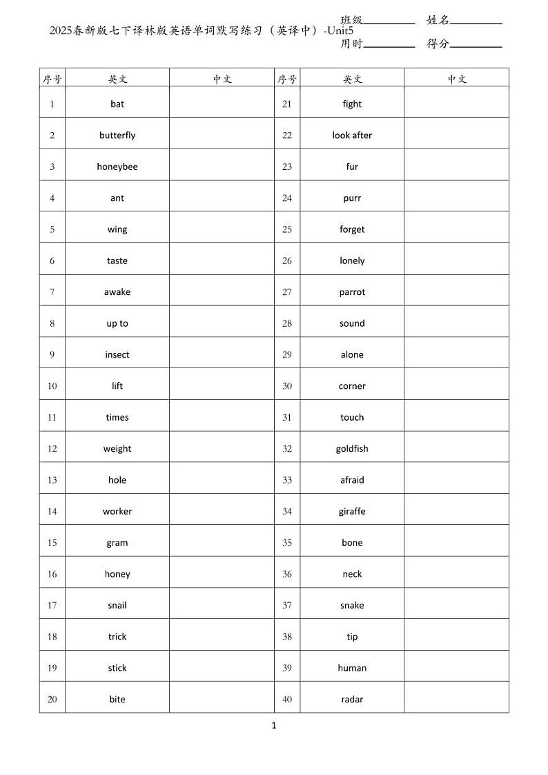 2025春新版七下译林版英语单词默写练习（英译中）-Unit5第1页