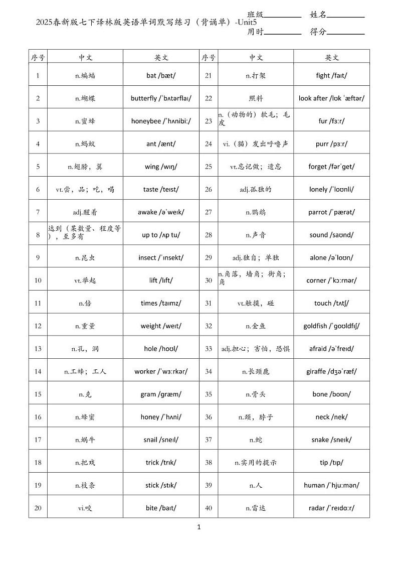 2025春新版七下译林版英语单词默写练习（背诵单）-Unit5第1页