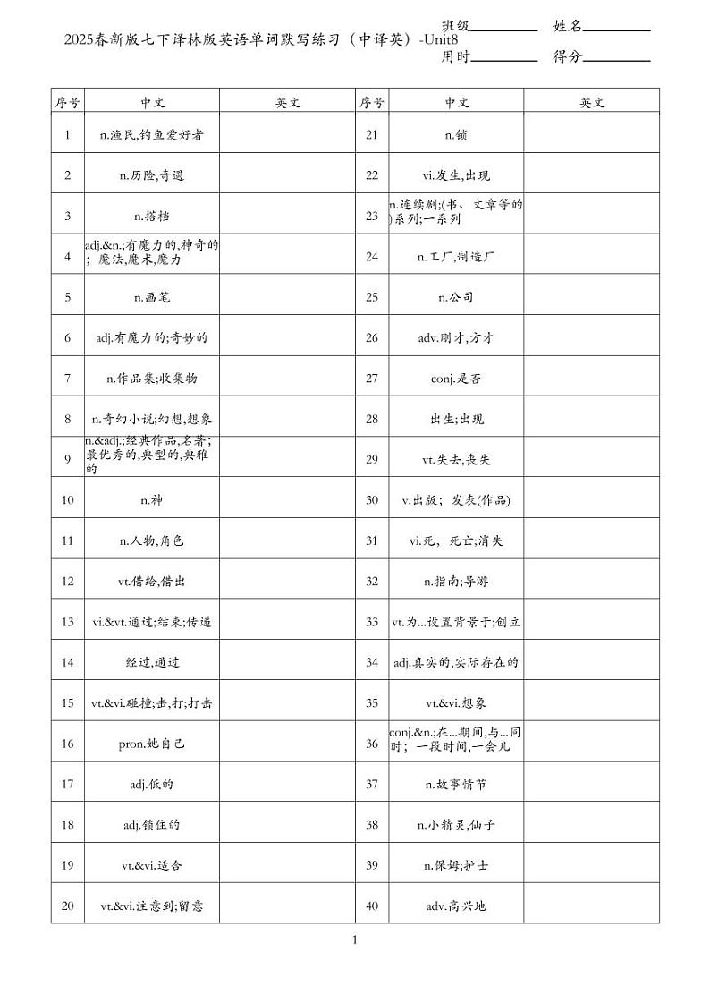 2025春新版七下译林版英语单词默写练习（中译英）-Unit8第1页