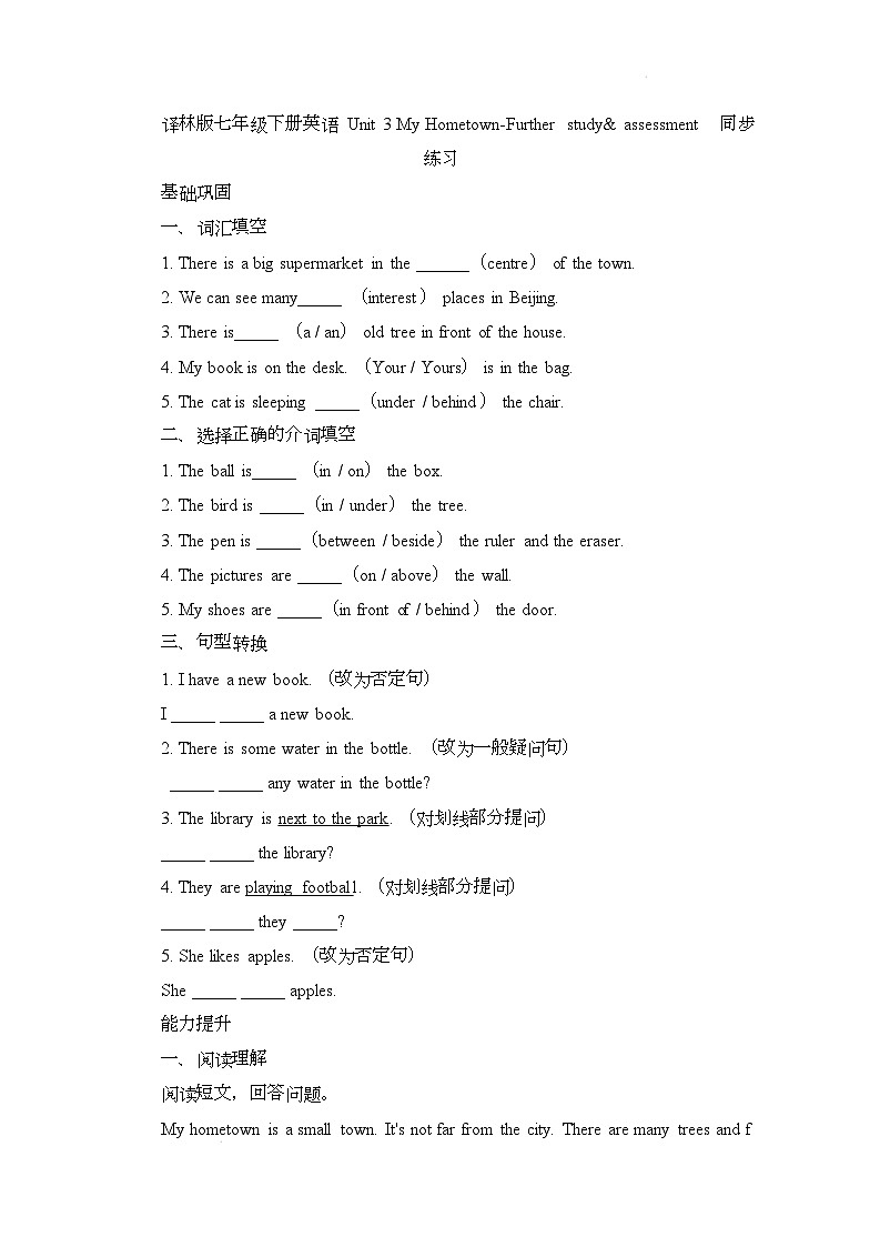 译林版（2024）初中英语七年级下册 Unit 3 My Hometown Further study& assessment同步练习第1页