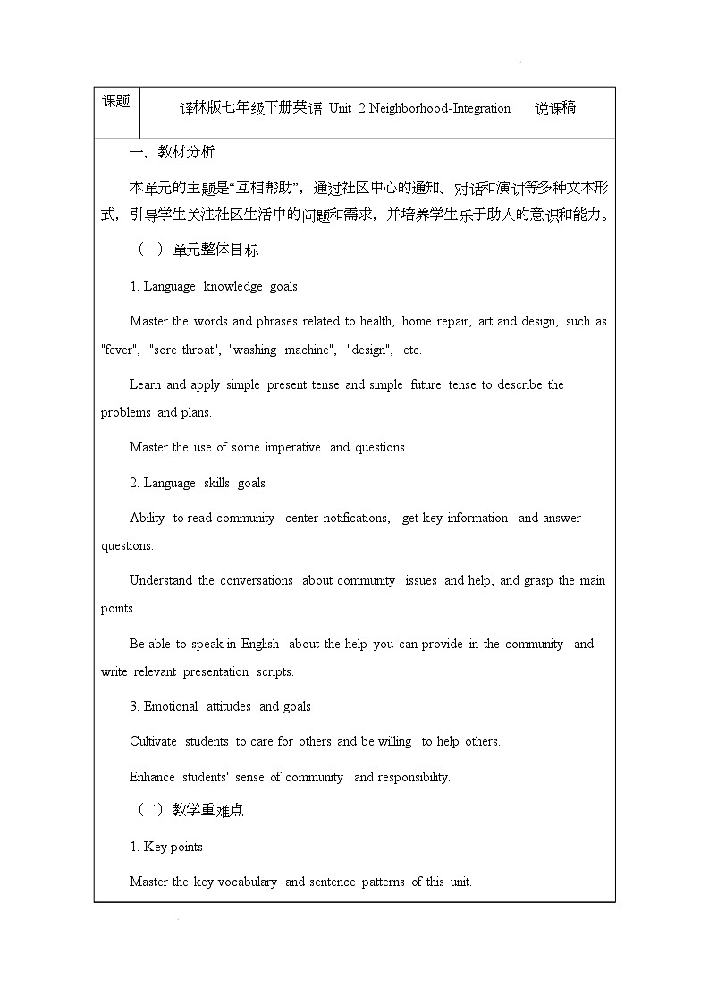 译林版（2024）初中英语七年级下册 Unit 2 Neighborhood Integration 说课稿第1页