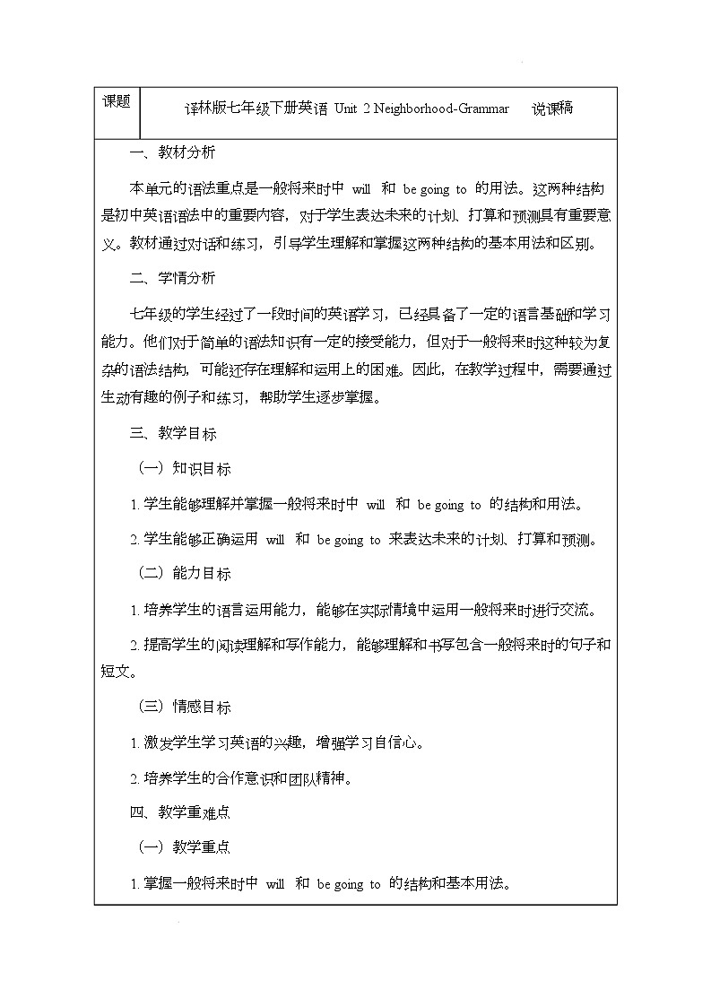 译林版（2024）初中英语七年级下册 Unit 2 NeighborhoodGrammar 说课稿第1页