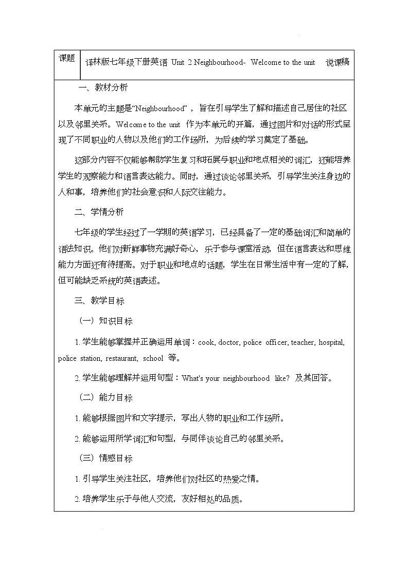 译林版（2024）初中英语七年级下册 Unit 2 Welcome to the unit 说课稿第1页